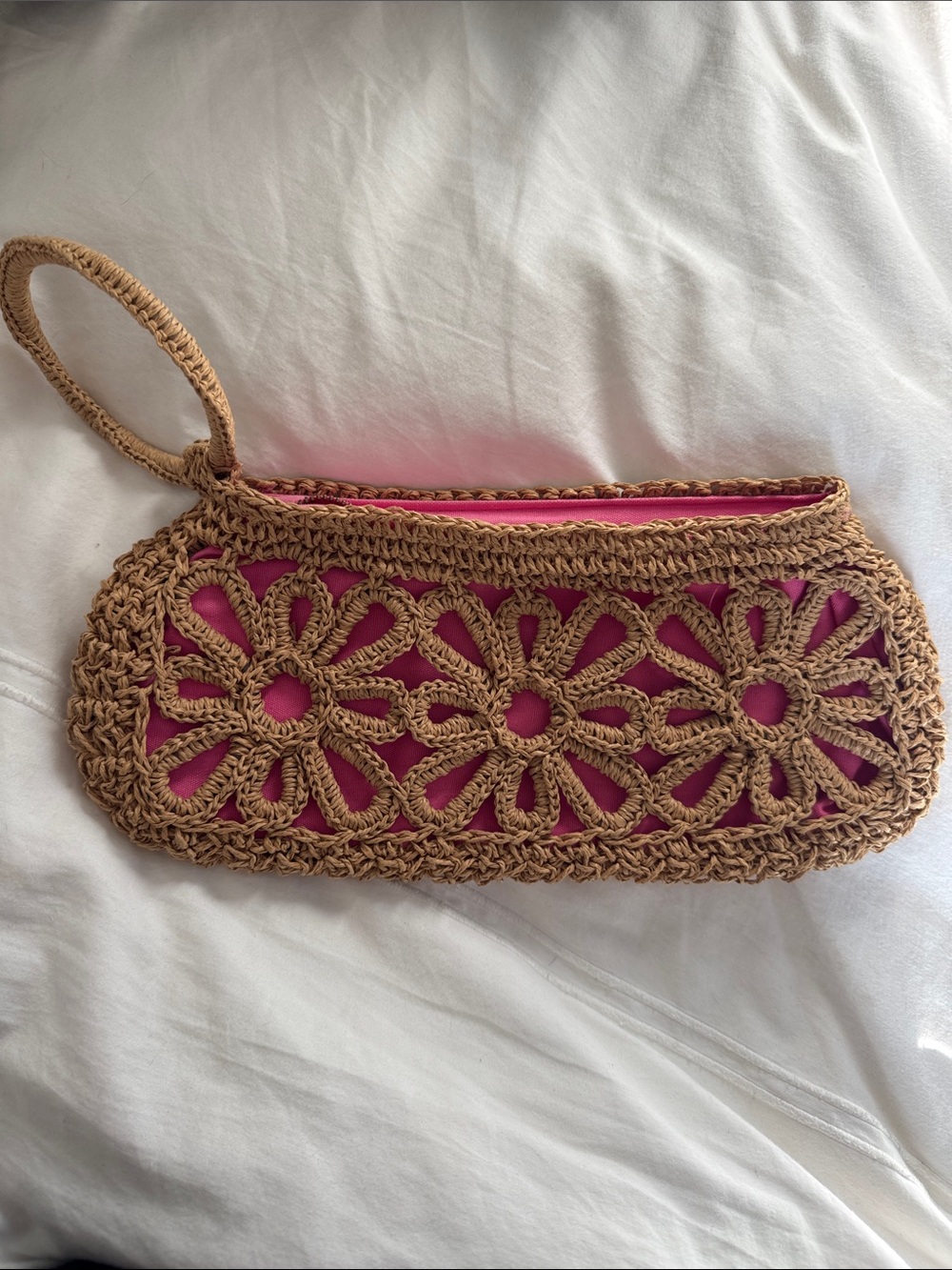 Mud Pie Pink Fabric Wristlet with Tan Crochet Floral Overlay